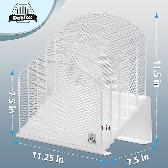 Inclined Desk File Organizer, 5-Section Vertical File Folder Holder Stand Metal Rack File Sorter for Office Classroom Desktop Organization (White, 1Pack)