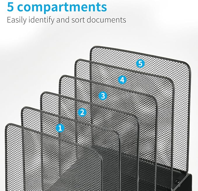 File Organizer for Desk, File Folder Organizer with 5-Section Vertical Rack, Suitable for Home Office Document Organization and Storage(Black)