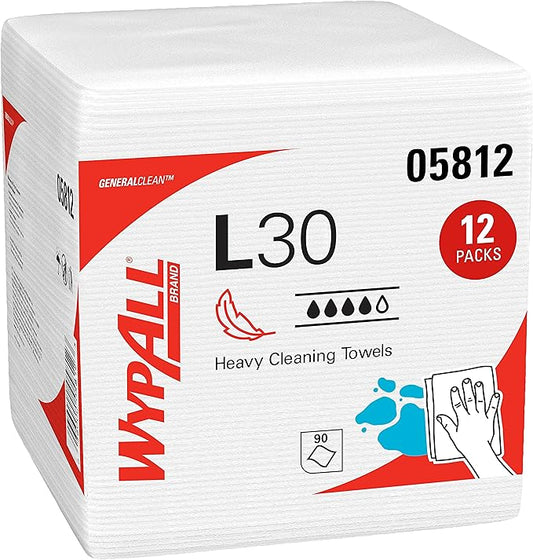 WypAll GeneralClean L30 Cloths Heavy Duty Cleaning Wipes (05812), Quarterfold, Strong and Soft Bulk Paper Wipers, White (12 Packs of 90 Sheets, 1,080 Sheet Total)