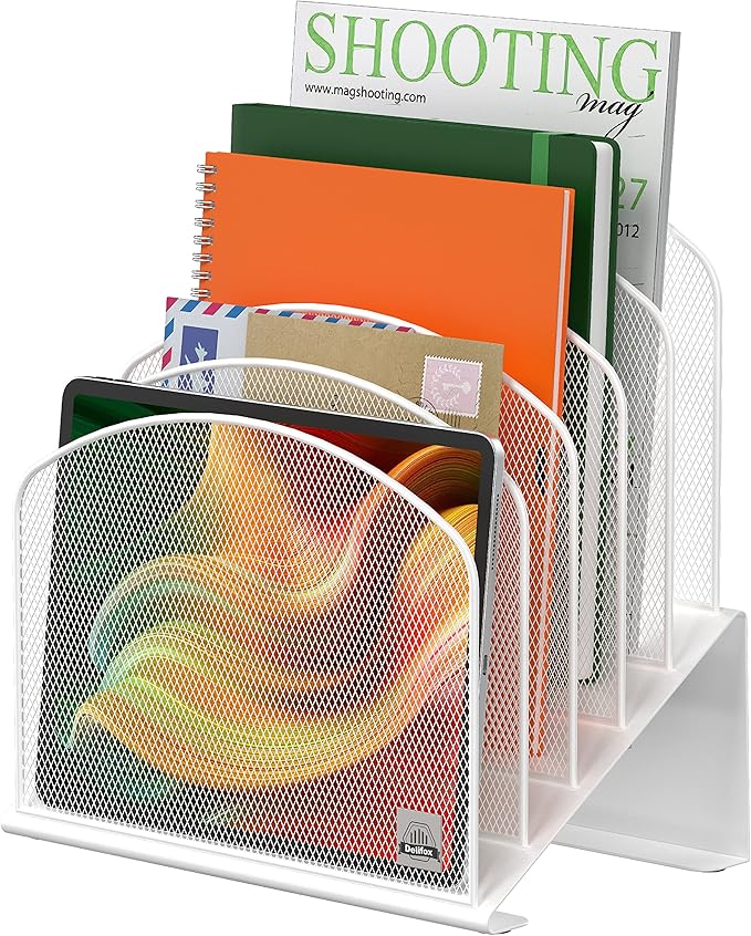 Inclined Desk File Organizer, 5-Section Vertical File Folder Holder Stand Metal Rack File Sorter for Office Classroom Desktop Organization (White, 1Pack)