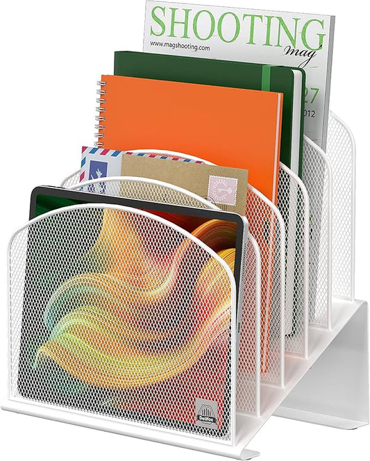 Inclined Desk File Organizer, 5-Section Vertical File Folder Holder Stand Metal Rack File Sorter for Office Classroom Desktop Organization (White, 1Pack)