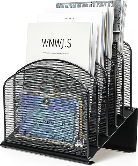 Inclined Desk File Organizer, 5-Section Vertical File Folder Holder Stand Metal Rack File Sorter for Office Classroom Desktop Organization (Black, 1Pack)