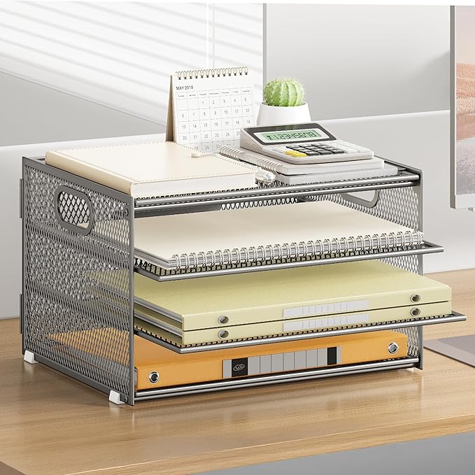 Subekyu Paper Letter Tray Organizer for Desk, Silver Metal Mesh Desk File Folder Sorter Organizer with Handle for Home Office School Supplies Organization