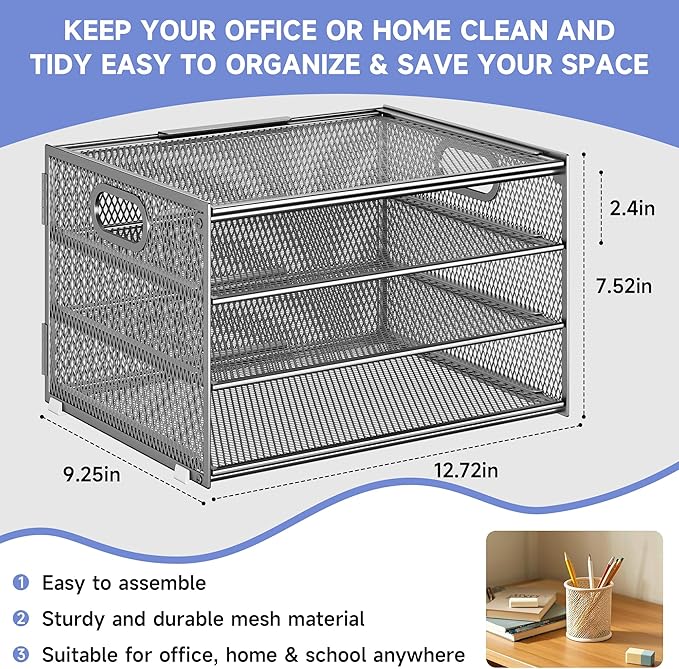 Subekyu Paper Letter Tray Organizer for Desk, Silver Metal Mesh Desk File Folder Sorter Organizer with Handle for Home Office School Supplies Organization