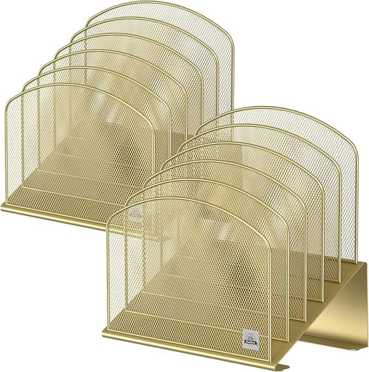Inclined Desk File Organizer, 5-Section Vertical File Folder Holder Stand Metal Rack File Sorter for Office Classroom Desktop Organization (Gold, 2Pack)