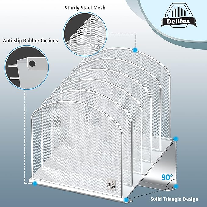 Inclined Desk File Organizer, 5-Section Vertical File Folder Holder Stand Metal Rack File Sorter for Office Classroom Desktop Organization (Silver, 2Pack)