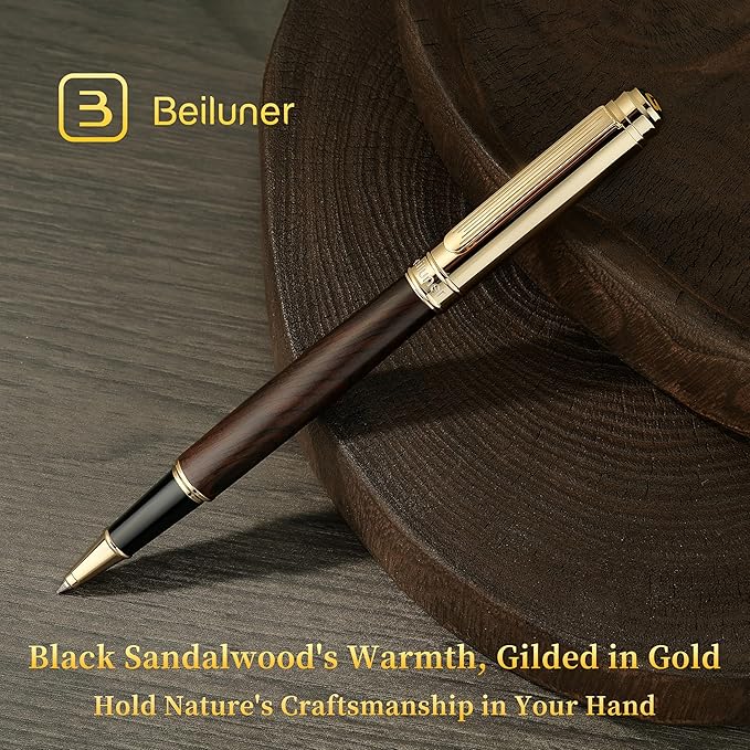 BEILUNER Black Sandalwood with 24K Gold Plated Rollerball Pen, Elegant & Luxurious Executive Writing Instrument for Women & Men, Premium Gift Box for Christmas, Birthday and Anniversary