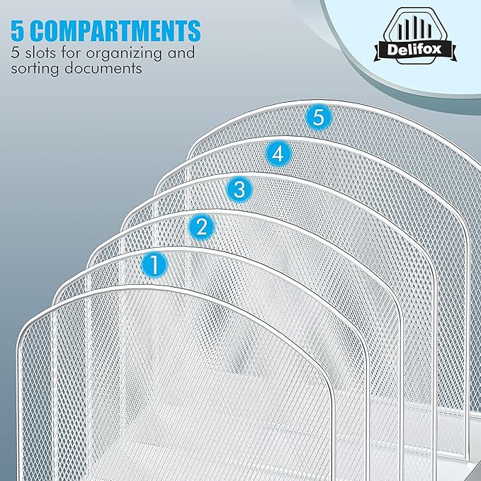 Inclined Desk File Organizer, 5-Section Vertical File Folder Holder Stand Metal Rack File Sorter for Office Classroom Desktop Organization (Silver, 2Pack)