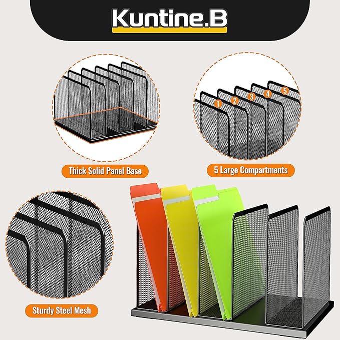 Kuntine.B Desk File Organizer 5 Upright Mesh Desktop Organizer File Sorter Office Organization File Holder for Home, Office & Classroom, 2 Pack